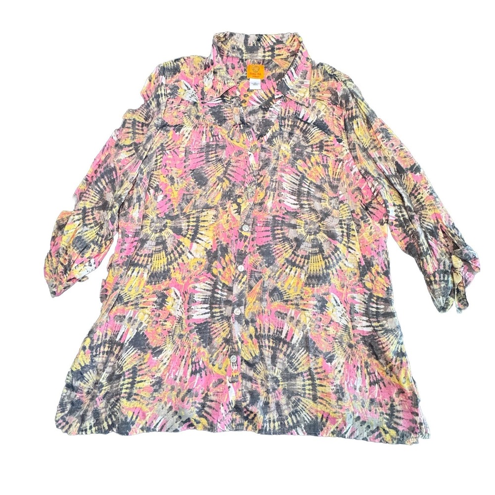 Ruby Rd‎ Button-up Blouse Women's Sz 1X Semi-Sheer  3/4 Sleeve Pastel Boho
